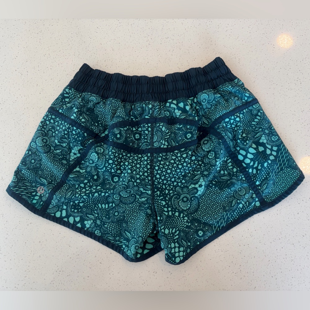 Lululemon Navy & Aqua Patterned Hotty Hot Low-Rise Lined Shorts - 4” - Picture 2 of 10